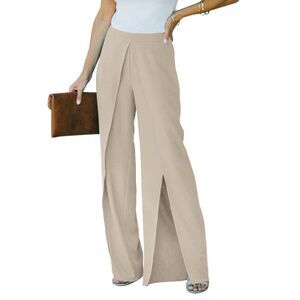 Wide Leg Split Palazzo Flowy Loose Elastic Waist Khaki Pants Sz XXL